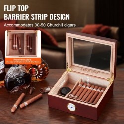 Sikarikostutin pöytämallinen espanjanseetripuusta lasikannella hygrometrillä ja jakajalla 30–50 sikaria