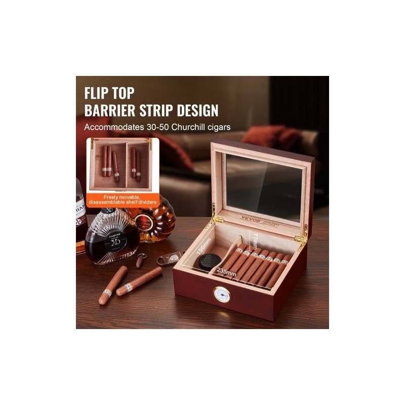 Sikarikostutin pöytämallinen espanjanseetripuusta lasikannella hygrometrillä ja jakajalla 30–50 sikaria