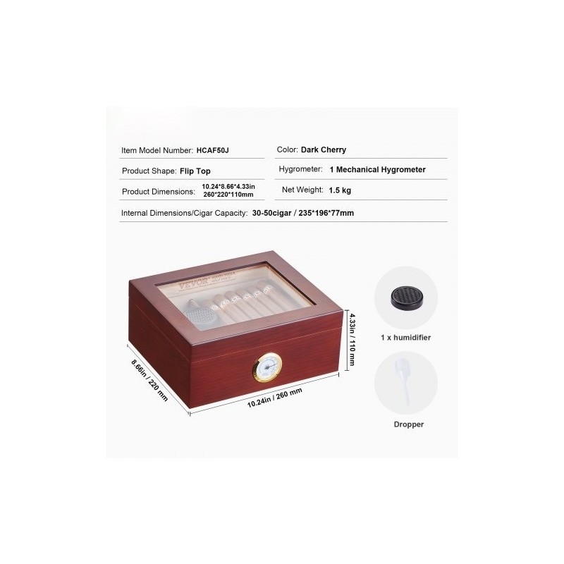 Sikarikostutin pöytämallinen espanjanseetripuusta lasikannella hygrometrillä ja jakajalla 30–50 sikaria