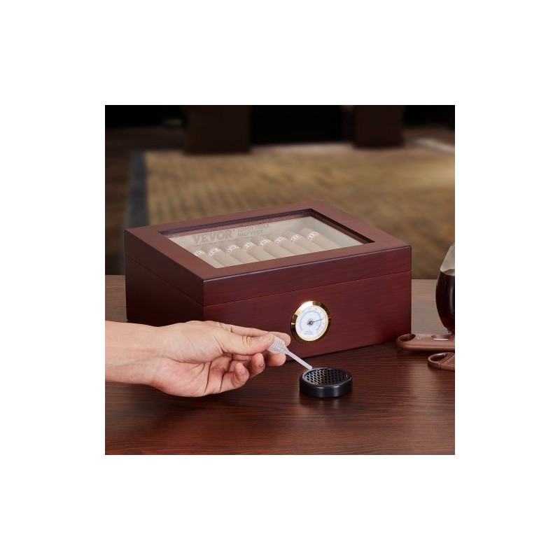 Sikarikostutin pöytämallinen espanjanseetripuusta lasikannella hygrometrillä ja jakajalla 30–50 sikaria