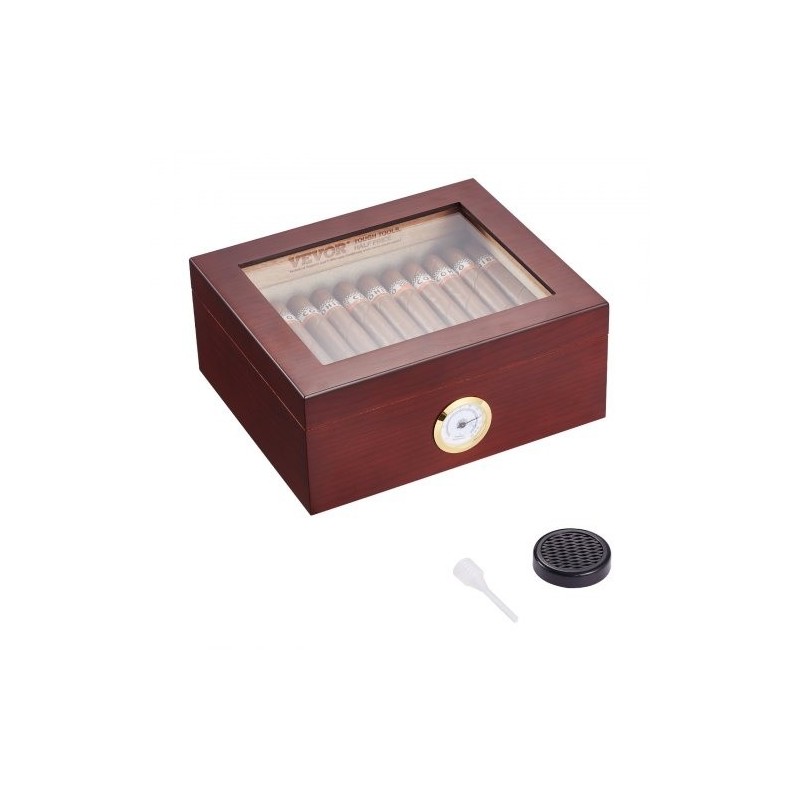 Sikarikostutin pöytämallinen espanjanseetripuusta lasikannella hygrometrillä ja jakajalla 30–50 sikaria