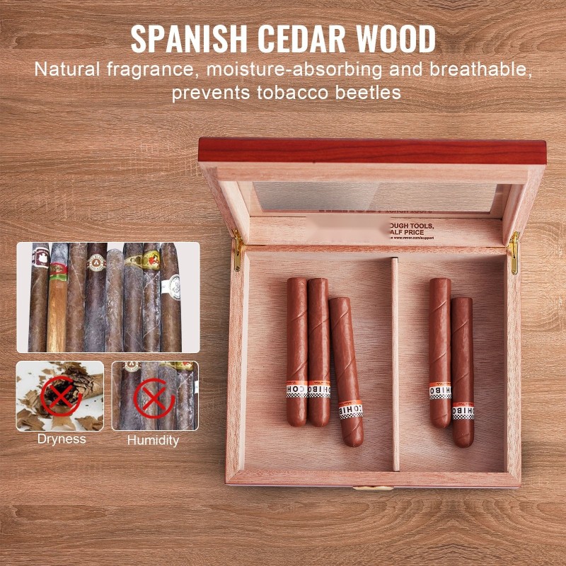 Humidorilaatikko espanjalaista seetripuuta lasikannella 10–25 sikaria kostuttimella ja kosteusmittarilla