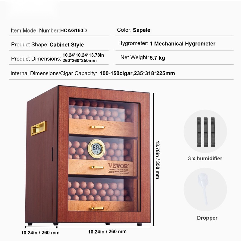 Sikarikaappi espanjanseetripuinen lasikannella 100–150 sikaria digitaalinen kostutin hygrometri