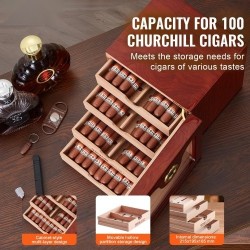 Pöytämallinen sikarilaatikko espanjanseetristä lasikannella 50–100 sikaria digitaalinen kostutin kosteusmittarilla