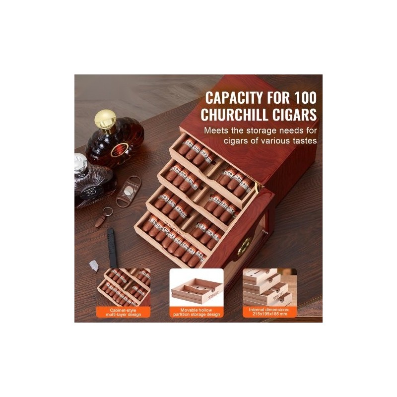 Pöytämallinen sikarilaatikko espanjanseetristä lasikannella 50–100 sikaria digitaalinen kostutin kosteusmittarilla