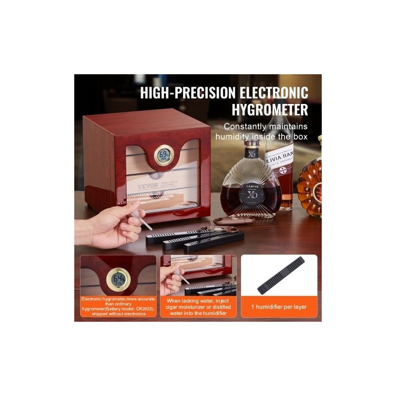 Pöytämallinen sikarilaatikko espanjanseetristä lasikannella 50–100 sikaria digitaalinen kostutin kosteusmittarilla