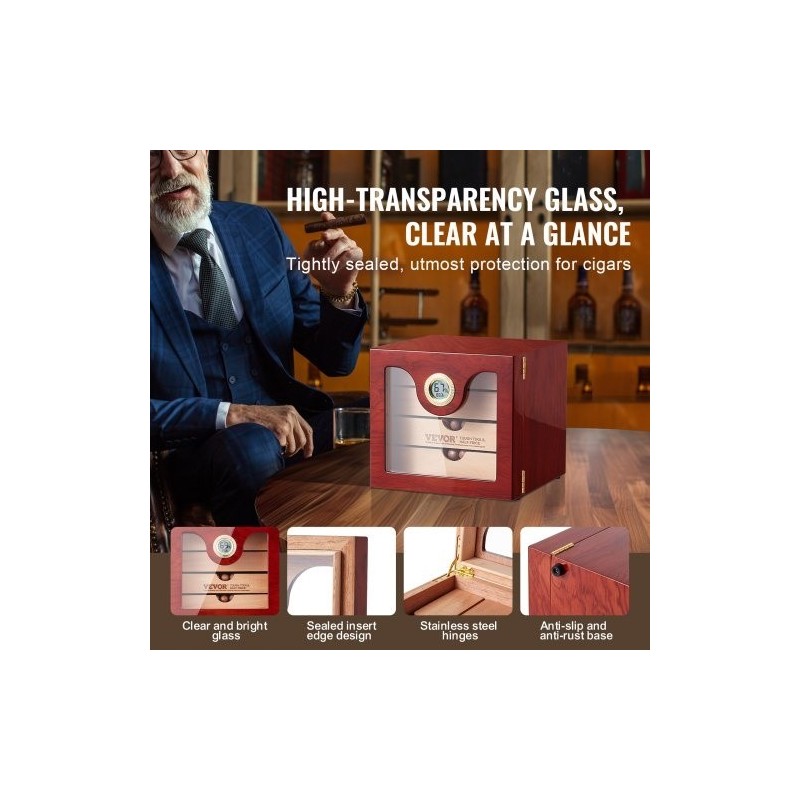 Pöytämallinen sikarilaatikko espanjanseetristä lasikannella 50–100 sikaria digitaalinen kostutin kosteusmittarilla
