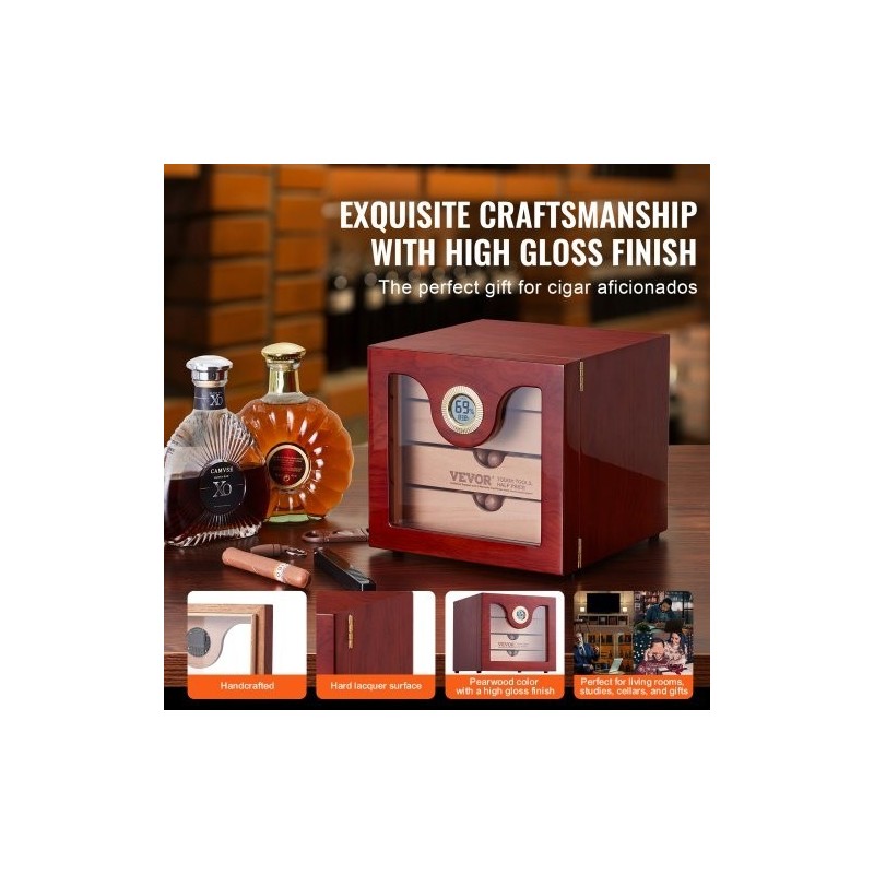 Pöytämallinen sikarilaatikko espanjanseetristä lasikannella 50–100 sikaria digitaalinen kostutin kosteusmittarilla