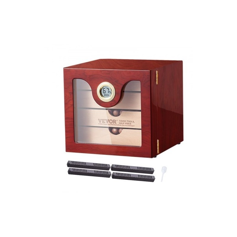 Pöytämallinen sikarilaatikko espanjanseetristä lasikannella 50–100 sikaria digitaalinen kostutin kosteusmittarilla