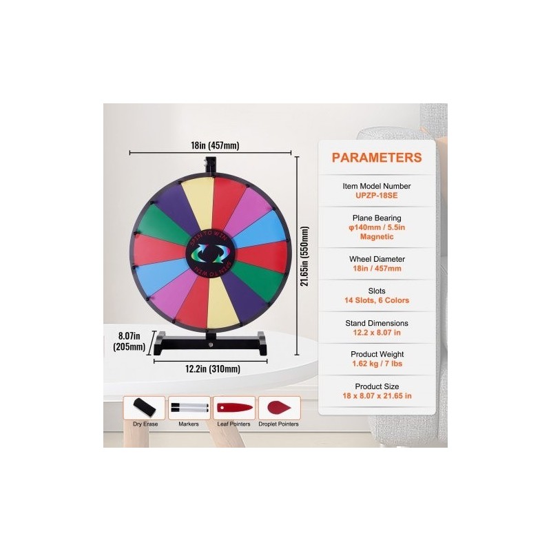 Pöytämallinen onnenpyörä 18 tuumaa 14 kenttää kuivapyyhittävä pinta 2 tussia magneettinen laakeri