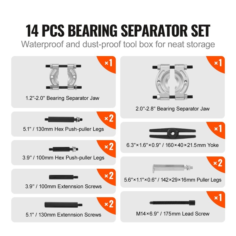 14-osainen laakerinulosvetosarja lämpökäsitelty 45-teräs 5t vetokyky jakajaleuat 5,1cm ja 7,6cm