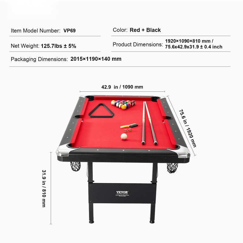 Taitettava biljardipöytä MDF-kuitulevy ja rautarunko 192 cm punainen kangas musta runko pelisetti