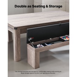 Biljardipöytä 214 cm kolmitoiminen pingis ja ruokapöytä 2 säilytyspenkkiä