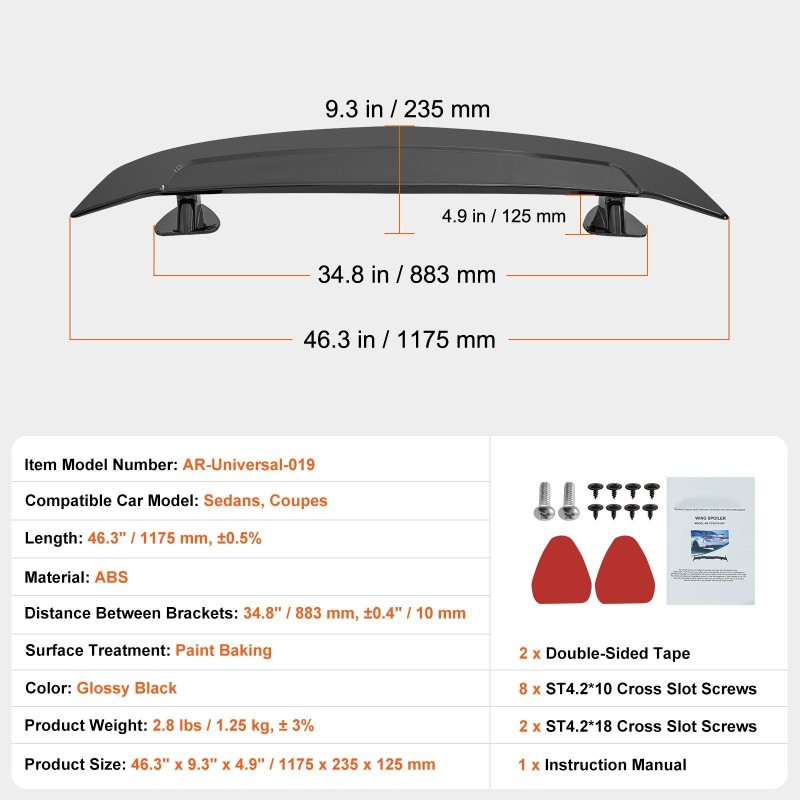 Takaspoileri ABS-muovista 1175 mm kiiltävän musta yleismalli sedaneihin ja coupéihin