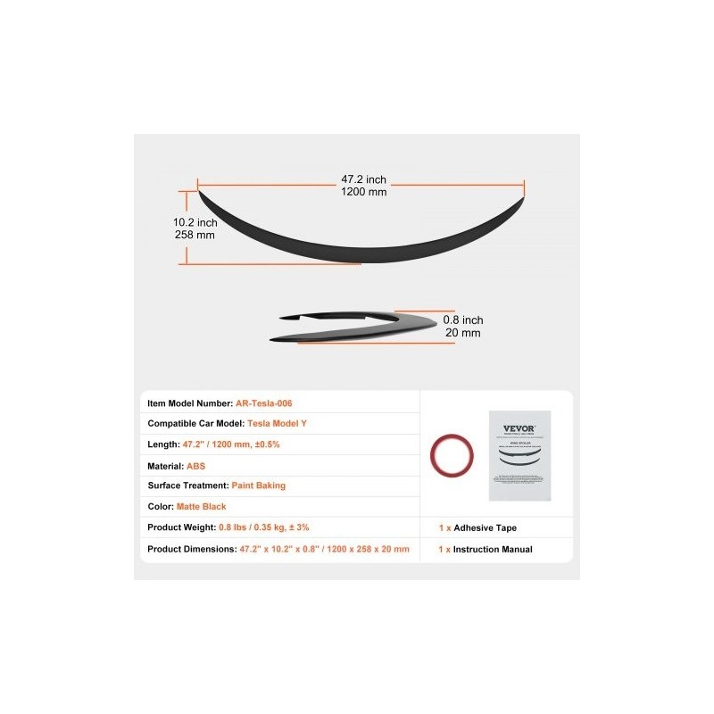 Takaspoileri 1200 mm ABS-muovinen Tesla Model Y mattamusta uunipoltettu pinta