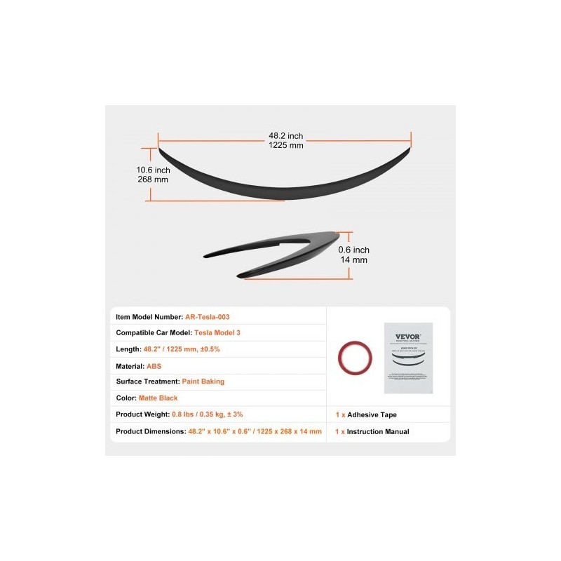 Takaspoileri ABS 1225 mm yhteensopiva Tesla Model 3 mattamusta leivottu maalipinta
