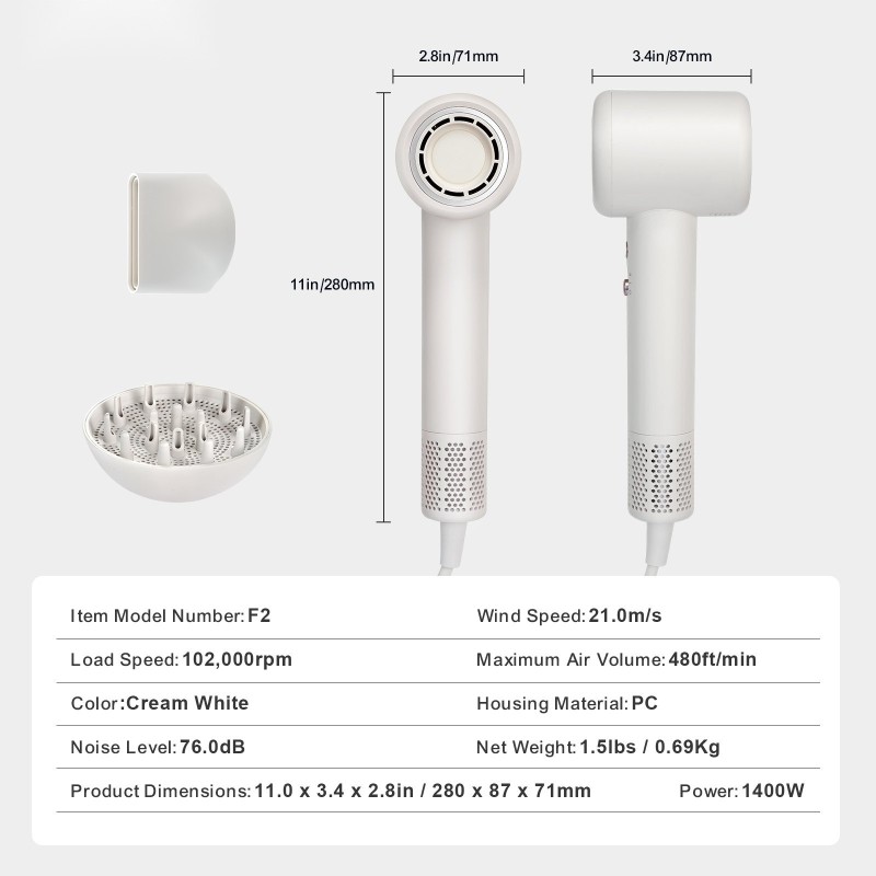 Hiustenkuivain polykarbonaattikuori kompaktikokoinen matkakäyttöön kolme lämpötilaa kaksi nopeutta kaksisataa miljoonaa