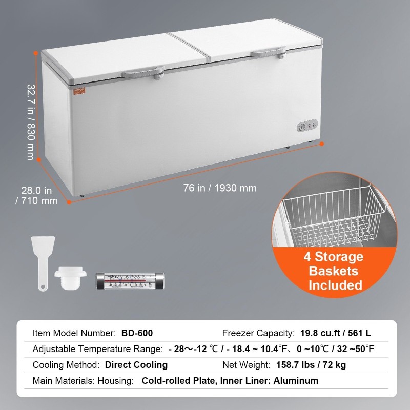 Arkkupakastin 561 l teräskuori 4 irrotettavaa koria 7-portainen lämpötilansäätö