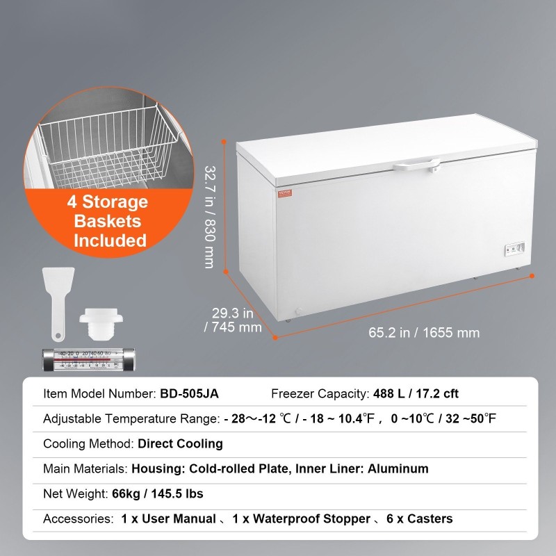 Arkkupakastin 488 l 4 irrotettavaa koria 7-portainen lämpötilansäätö LED-valaistus lukittava kansi