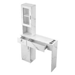 Salonkitaso seinäasennettava MDF hiussalongiin kaksi laatikkoa yksi lukittava kolme lokeroa yksi kaappi