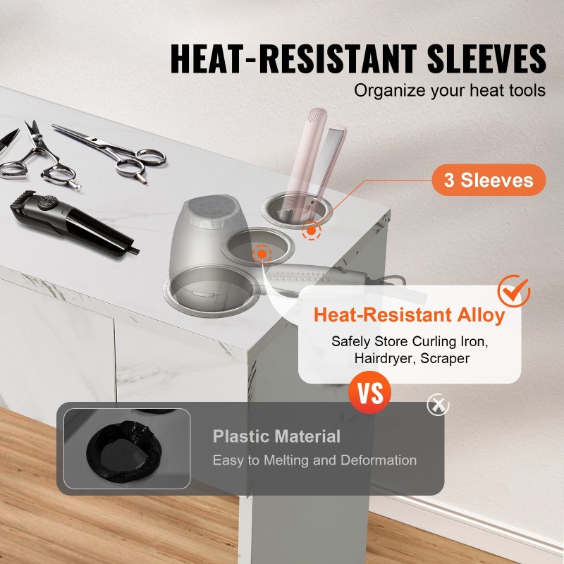 Salonkitaso seinäasennettava MDF hiussalongiin kaksi laatikkoa yksi lukittava kolme lokeroa yksi kaappi