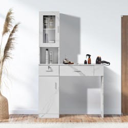 Salonkitaso seinäasennettava MDF hiussalongiin kaksi laatikkoa yksi lukittava kolme lokeroa yksi kaappi