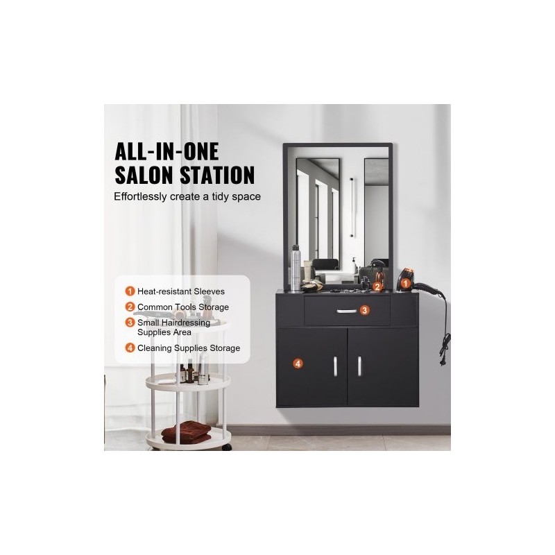 Seinään asennettava mattamusta kampaamokaappi peilillä yhdellä laatikolla kaksiosaisella kaapilla lämpöä kestävillä holkeilla