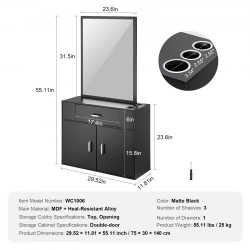 Seinään asennettava mattamusta kampaamokaappi peilillä yhdellä laatikolla kaksiosaisella kaapilla lämpöä kestävillä holkeilla