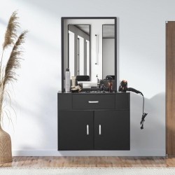 Seinään asennettava mattamusta kampaamokaappi peilillä yhdellä laatikolla kaksiosaisella kaapilla lämpöä kestävillä holkeilla