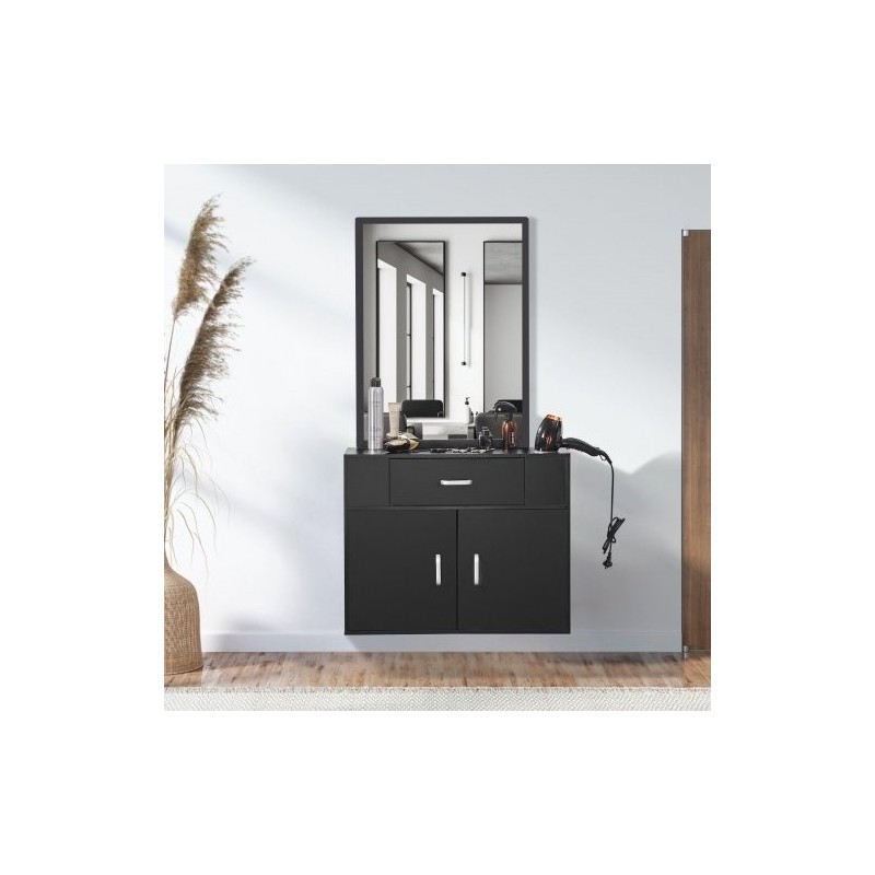 Seinään asennettava mattamusta kampaamokaappi peilillä yhdellä laatikolla kaksiosaisella kaapilla lämpöä kestävillä holkeilla