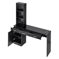 Seinäkiinnitteinen kampaamoasema MDF runkoinen mattamusta 1 ovikaappi 3 avolokeroa 3 laatikkoa