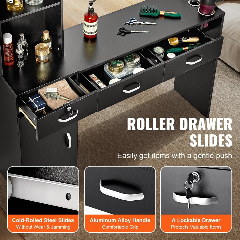 Seinäkiinnitteinen kampaamoasema MDF-runkoinen mattamusta 1 ovikaappi 3 avolokeroa 3 laatikkoa