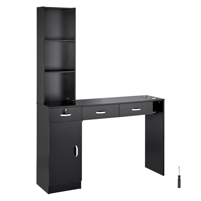 Seinäkiinnitteinen kampaamoasema MDF-runkoinen mattamusta 1 ovikaappi 3 avolokeroa 3 laatikkoa