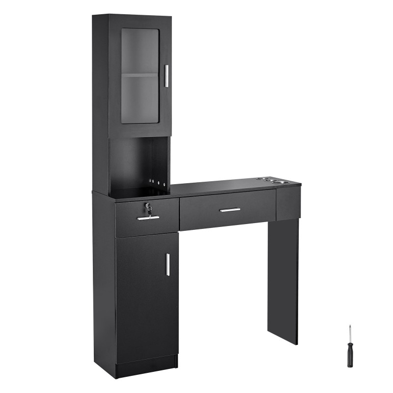 Seinälle asennettava mattamusta salonkikaluste yksi kaappi kolme lokeroa kaksi laatikkoa lukittava