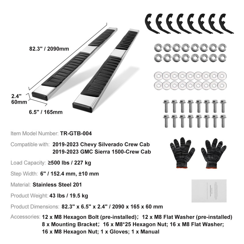 Sivuaskelmat 201 ruostumattomasta teräksestä 6 tuumaa leveät 2 kappaletta miehistöohjaamoon