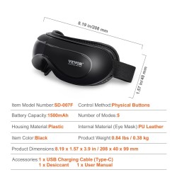 Lämmitettävä silmänaamio 5 hierontatilaa Bluetoothilla PU-nahkainen sisäosa musta taitettava 1500mAh