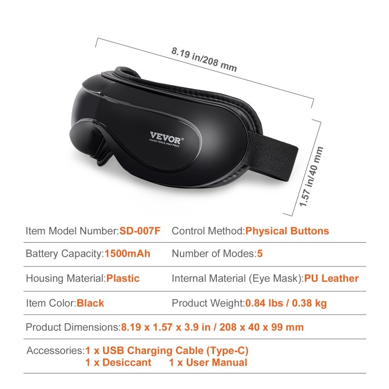 Lämmitettävä silmänaamio 5 hierontatilaa Bluetoothilla PU-nahkainen sisäosa musta taitettava 1500mAh