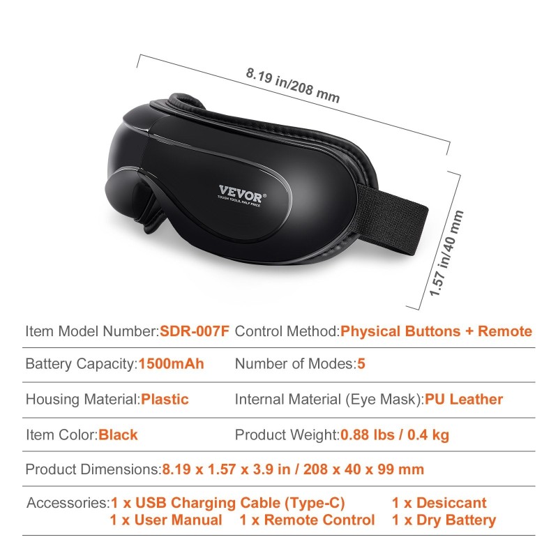 Lämmitettävä silmähierontalaite keinonahkaisella naamiolla viidellä hierontatilalla taittuva