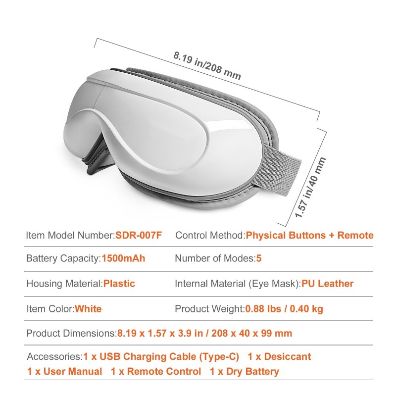 Tekonahkainen silmähierontalaite lämmöllä viisi hierontatilaa langaton musiikki kaukosäätimellä 180 asteen taittuva