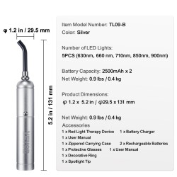 Kädessä pidettävä ladattava punavalolaite kasvoille ja keholle irrotettavalla kärjellä viidellä aallonpituudella