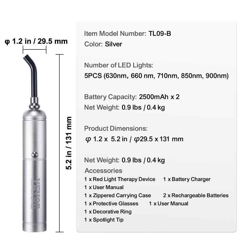 Kädessä pidettävä ladattava punavalolaite kasvoille ja keholle irrotettavalla kärjellä viidellä aallonpituudella