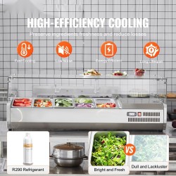 Pöytämallinen kylmäkastikeasema 304 ruostumatonta terästä lasisuoja 3 kpl 1/3-astioita 4 kpl 1/6-astioita