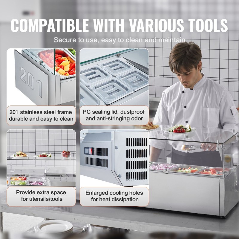 Pöytämallinen kylmäkastikeasema 304 ruostumatonta terästä lasisuoja 3 kpl 1/3-astioita 4 kpl 1/6-astioita