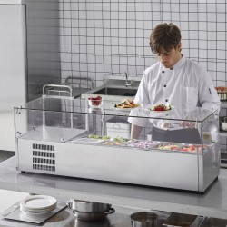 Pöytämallinen kylmäkastikeasema 304 ruostumatonta terästä lasisuoja 3 kpl 1/3-astioita 4 kpl 1/6-astioita