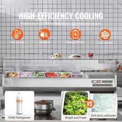 Jäähdytettävä työtasoinen mausteasema 304-ruostumaton teräs 8 astiaa lasisuoja