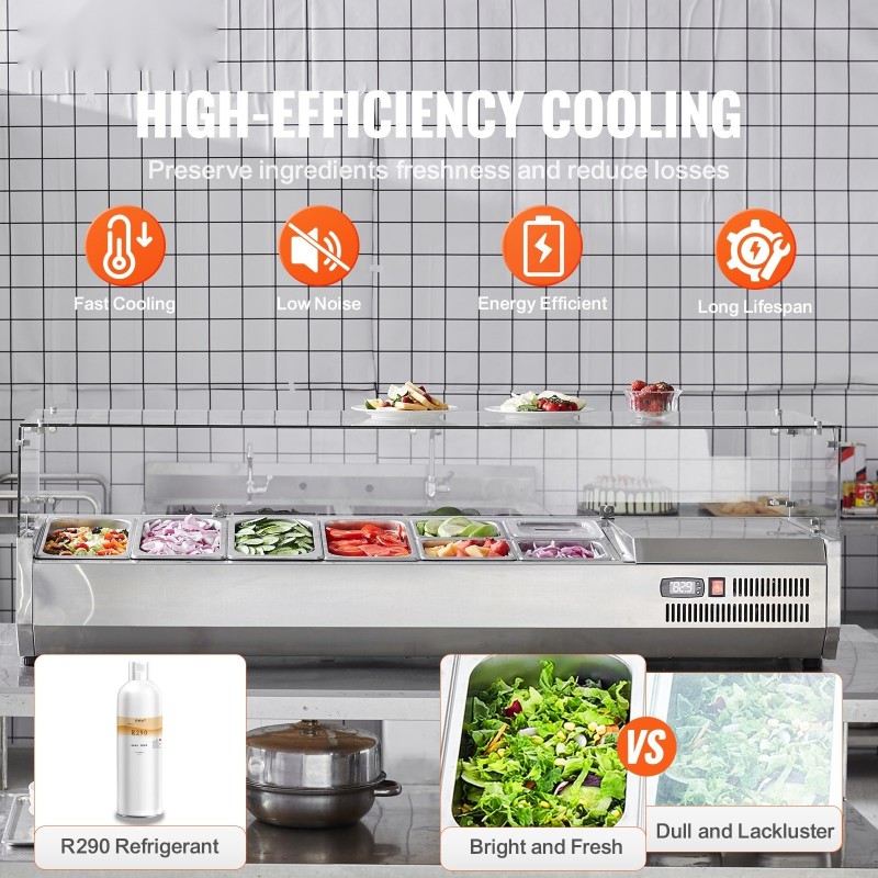 Jäähdytettävä työtasoinen mausteasema 304-ruostumaton teräs 8 astiaa lasisuoja