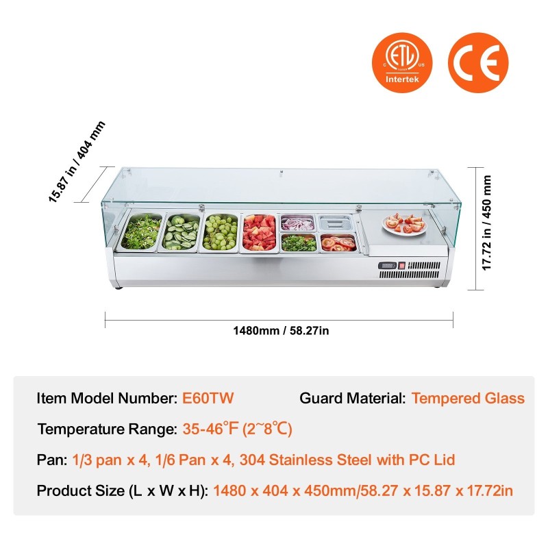 Jäähdytettävä työtasoinen mausteasema 304-ruostumaton teräs 8 astiaa lasisuoja