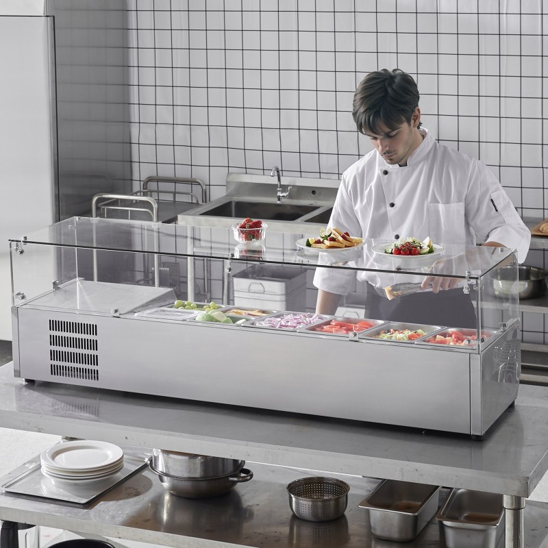 Jäähdytettävä työtasoinen mausteasema 304-ruostumaton teräs 8 astiaa lasisuoja