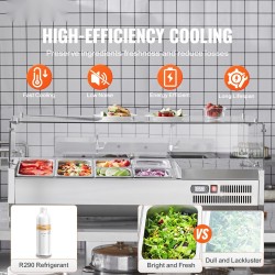 Työtason jäähdytetty lisäketaso ruostumattomasta teräksestä kuudella astiolla karkaistulla lasisuojalla