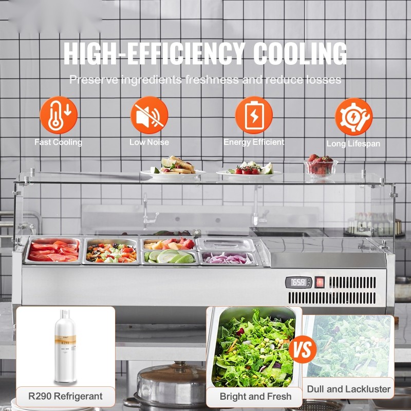 Työtason jäähdytetty lisäketaso ruostumattomasta teräksestä kuudella astiolla karkaistulla lasisuojalla